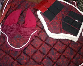 Luxury Handmade Red Camo Saddle Pad Numnah, Fly Veil and Brushing Boots